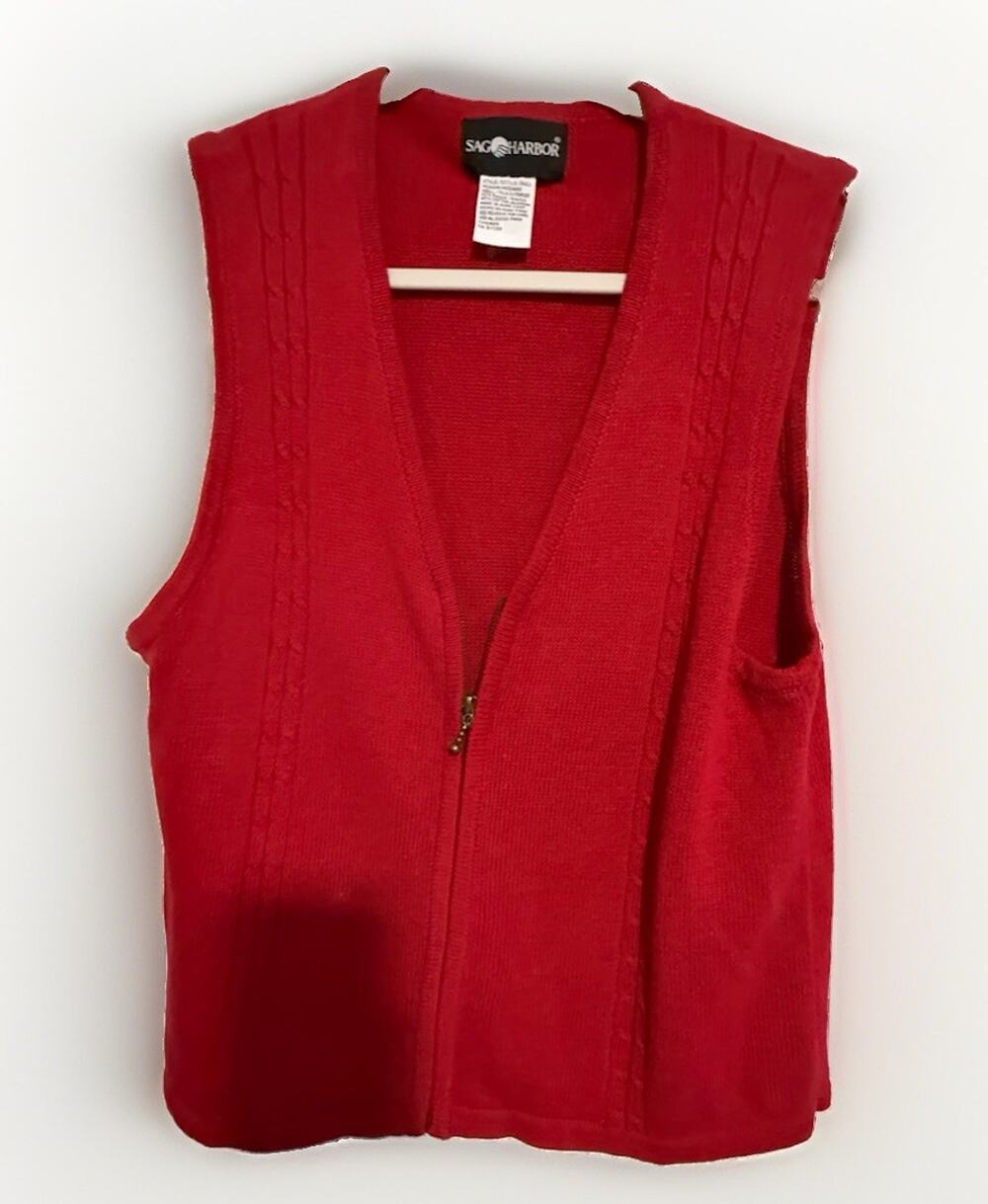 Vintage Sag Harbor Red Sweater Vest M Ramie Cotton Zip Front Hong Kong